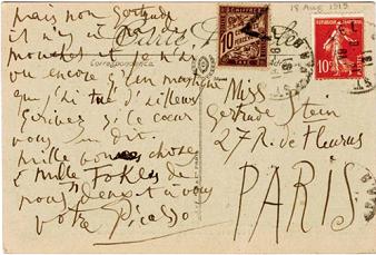 A postcard from Picasso to Stein from the intimate correspondence that the two friends were to maintain throughout their lifetime.