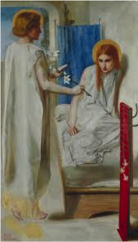 Docile maiden: Ecce Ancilla Domini, Dante Gabriel Rossetti, 1849-50